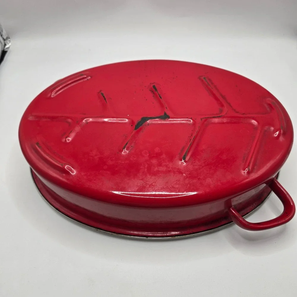 Vintage Red Enamel Roasting Pan Oval Lid Farmhouse Rustic Decor Primitive Roast